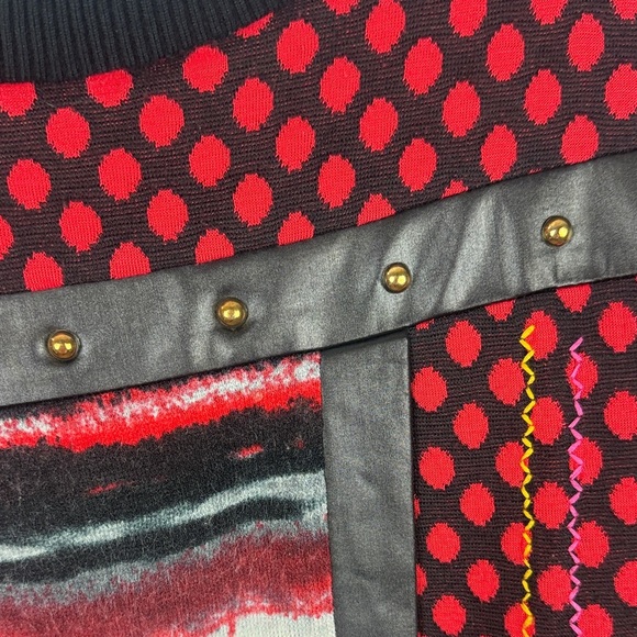 Goa Chic Artsy Red Black Faux Leather Polka Dot Embroidered Detail XL Sweater - Picture 8 of 12